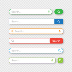 Fototapete - Colorful search bar templates. Internet browser engine with search box, address bar and text field. UI design, website interface element with web icons and push button. Vector illustration