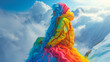 A person in rainbow colors on a mountain  top above clouds. It's OK to be different