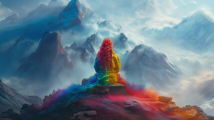 A person in rainbow colors on a mountain  top above clouds. It's OK to be different