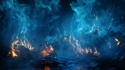 Wall Mural - Blue fire on dark night sky background