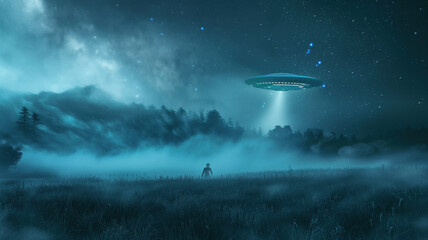 Wall Mural - aliens lands on a starry night from ufo high above the ground in cloudy weather from infinite univer