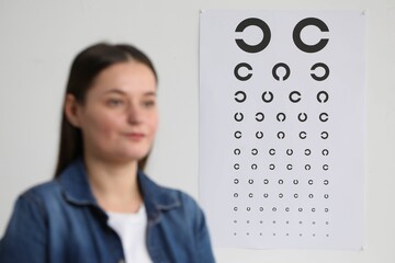 Sticker - Young woman against vision test chart, selective focus