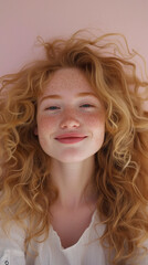 Wall Mural - Headshot Portrait of a cheerful girl with freckles, her curly blonde hair bouncing as she smiles. The background is a soft powder pink.