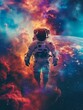A lone astronaut floats in the vastness of outer space, tethered to their spacecraft as they take a daring walk among the stars