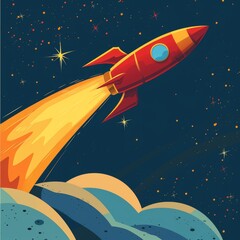Poster - An animated illustration captures the thrilling launch of a rocket, transporting viewers on a journey through the stars with playful cartoon style