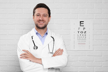 Wall Mural - Ophthalmologist near vision test chart on white brick wall