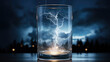 A glass with a zipper inside against a gloomy night sky. The domestication of nature and its phenomena.