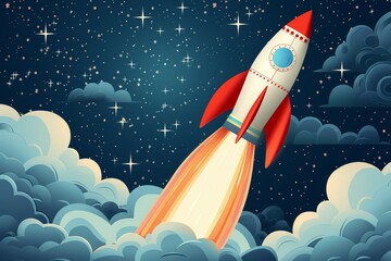 Poster - A playful cartoon rocket pierces through the fluffy clouds, embarking on a thrilling journey through the sky