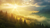 Fototapeta Na ścianę - Sunrise Rays Piercing Through Misty Mountain Forest