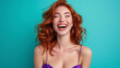 A lifelike full body portrait of a cheerful young woman with white teeth and wavy red hair, donning a purple evening gown, set against a turquoise background, 