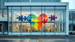 A large heart made of bright puzzles on outer glass wall of special professional educational institution for the care of children with autism syndrome.