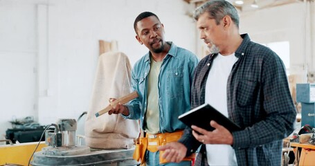 Poster - Walking, people or carpenter with tablet in workshop manufacturing or engineering project. Woodwork design planning, teamwork or industrial workers in warehouse talking for building timber production