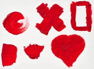 Poster - Various strokes of red gouache paint on a white sheet of paper