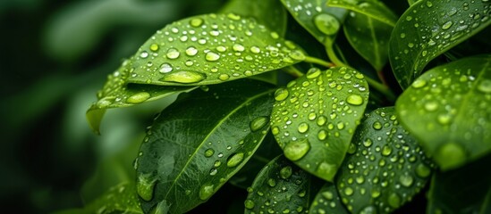 Droplets of Water Glisten on Vibrant Green Leaves in a Refreshing Display of Nature's Beauty