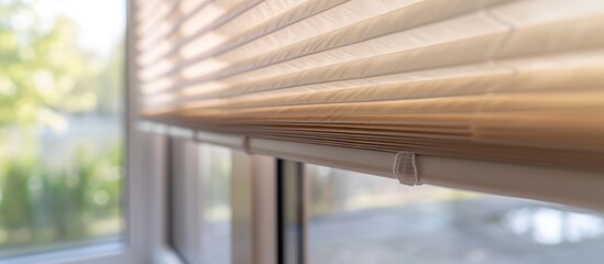 Wall Mural - Large beige pleated blinds with a 50mm fold, close-up view in interior window openings. Modern privacy shades for apartment windows.