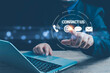 © pornnipa - Contact us or Customer support hotline, people connect. Businessman touching on virtual screen contact icons (email, address, live chat, telephone). Customer service, helpdesk advice online support.