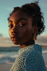 Canvas Print - A young woman with curly hair and earrings on the beach. Generative AI.