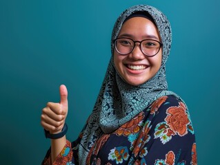 Canvas Print - A woman wearing a headscarf and glasses is giving the thumbs up. Generative AI.