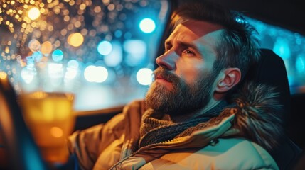 Wall Mural - A man in a car with beard and glasses looking at the camera, AI