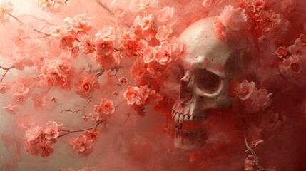 A skull with flowers in a pink misty background, AI