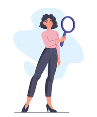 Poster - hr manager concept. woman in suit with magnifying glass in hand. recruiting and headhunting. graphic