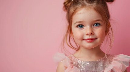 cute little girl in a pink dress on a gentle crimson background in the studio, child, toddler, kid, 