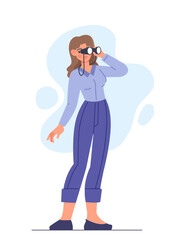 Poster - hr manager concept. woman in suit with binoculars in hand. recruiting and headhunting to company. po