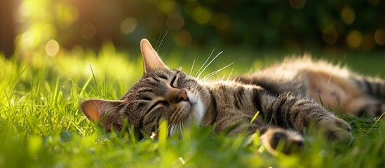 Wall Mural - Cat Lies Gracefully Outside on Green Grass, Enjoying the Serene Ambiance of Nature