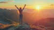 Freedom woman open arms at sunrise mountain peak wellness concept