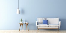 Scandinavian design with simple style in empty home - blue and white sofa, wooden floor with armchair, lamp, white table.