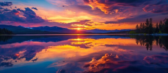 Canvas Print - Beauty: Beautiful, Blazing Sunset Reflected in the Serene Lake