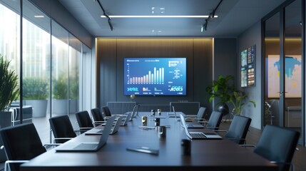 Poster - Modern Empty Meeting Room with Big Conference Table with Various Documents and Laptops on it, on the Wall Big TV with Big Data Analysis, Charts and Infographics. Contemporary Designed Work