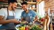 © buraratn - Two guys of different ethnicity having fun while making salad together on kitchen. Concept of gay couples and everyday life at home . Caucasian and hispanic man cooking healthy food