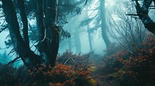 The Image Displays A Dense Forest With A Mystical Atmosphere, Created By The Thick Fog That Envelops The Trees. The Trees Have A Gnarled Appearance, Featuring Moss-covered Trunks And Spindly Branches 