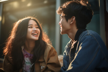 Wall Mural - young asian couple outdoors laughing smiling happy teenagers girl boy friends city near building casual jacket denim soft colors sunlight complicity bond love friendship enjoying cheerful upbeat