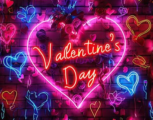 Wall Mural - Happy valentine's day with pink light neon on background flower Generative Ai