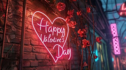 Wall Mural - Happy valentine's day with pink light neon on background flower Generative Ai