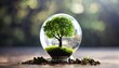 Glass globe and tree in robot hand: A symbol of saving the environment and fostering a clean planet, promoting ecology