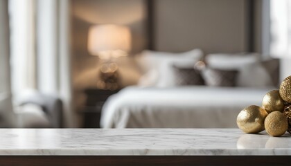 Design versatility: Blurred bedroom interior with an empty marble stone table, suitable for product displays