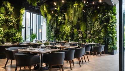 Modern cafe or restaurant with living green wall, biophilic design, and vertical gardening for eco-friendly landscape