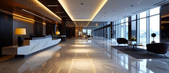 Poster - Modern Interior Design of a Business Building's Lobby: A Perfect Blend of Modernity and Elegance in the Interior of the Building's Lobby