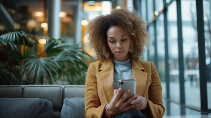 Wall Mural - Woman Sitting on Couch, Using Cell Phone