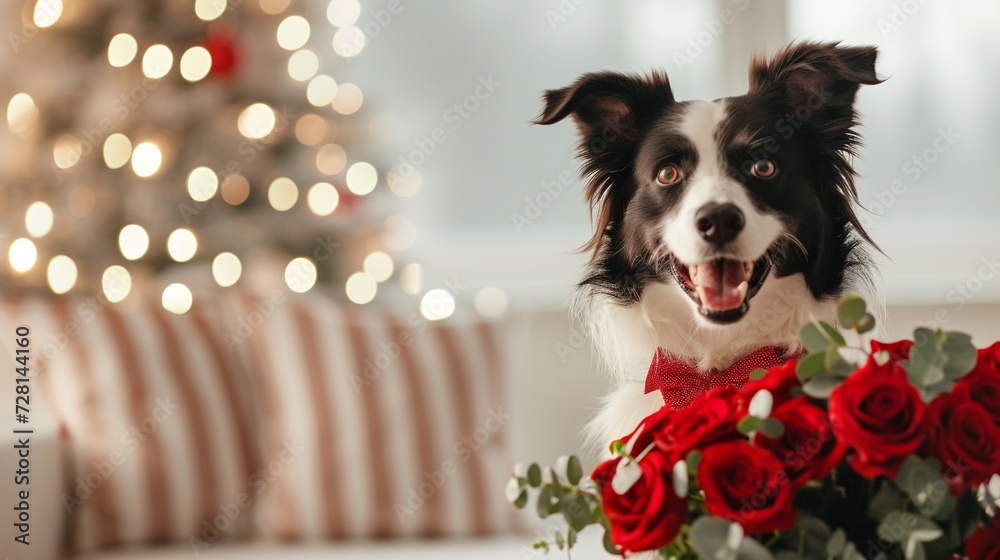 Cute Valentine's Day happy smiling border collie dog with a red bow tie ...