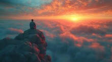 A Man Sits On A Mountain With A View Of Clouds And Sunset. Daydreaming, Confusion, Stress, Anxiety, Future, Success