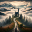 Dirt Road Track from the Village Through the Field Leading to a Beautiful Majestic Mountain Church Chapel Surrounded by Mist,with Rolling Fog, Rain, & Clouds. Rosary Honor Dead Recovery. Mother of God