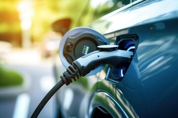 Electric car charging on parking lot with electric car charging station on city street. Close up of power supply plugged into an electric car being charged