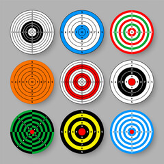 Canvas Print - Shooting range paper targets. Round target with divisions, marks and numbers. Archery, gun shooting practise and training, sport competition and hunting. Bullseye and aim. Vector illustration