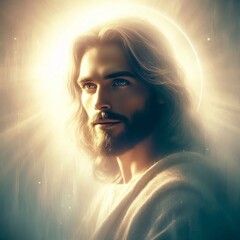 Wall Mural - Portrait of Jesus Christ in the rays of light. Religious theme. 