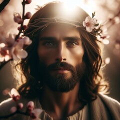 Wall Mural - Portrait of Jesus Christ in crown of thorns and blooming tree. 