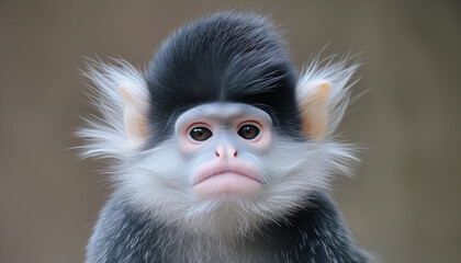 Wall Mural - A young monkey with a curious expression and distinctive black and white fur looks on with large, innocent eyes